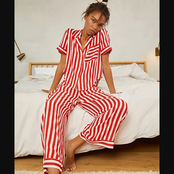 Free People Shiny Nights Pajama Set Wide Legs Red White Pinstripes Siz Small NWT - Picture 1 of 16